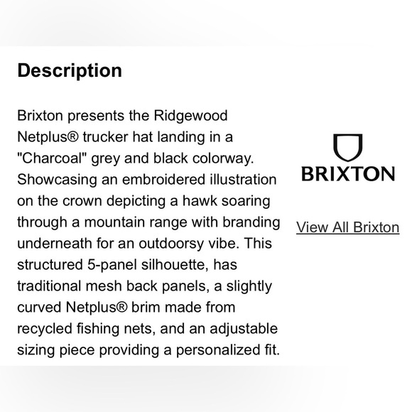 Brixton Ridgewood Charcoal & Black Trucker Hat - Picture 6 of 6